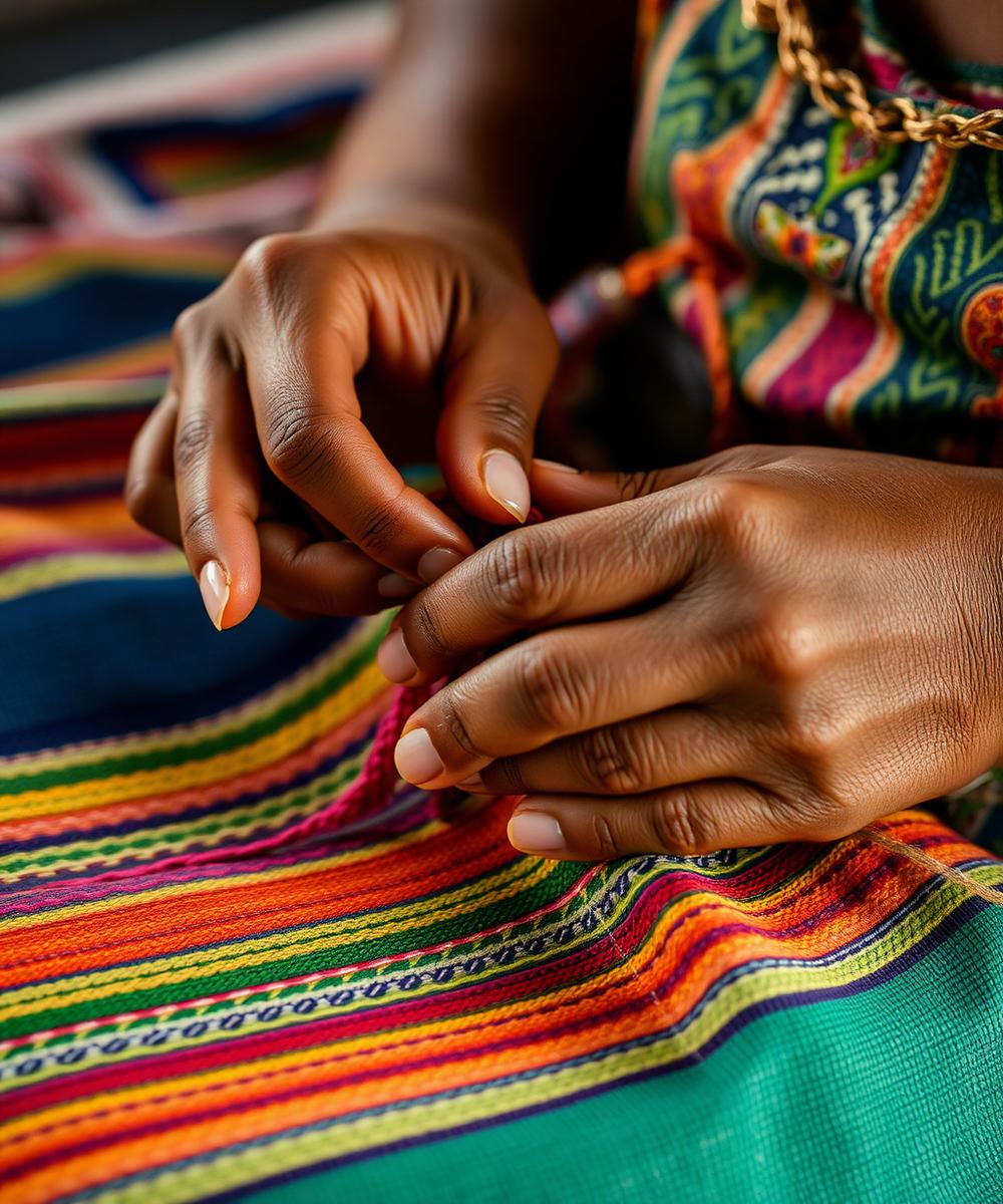 Mãos costurando à mão tecidos coloridos sustentáveis